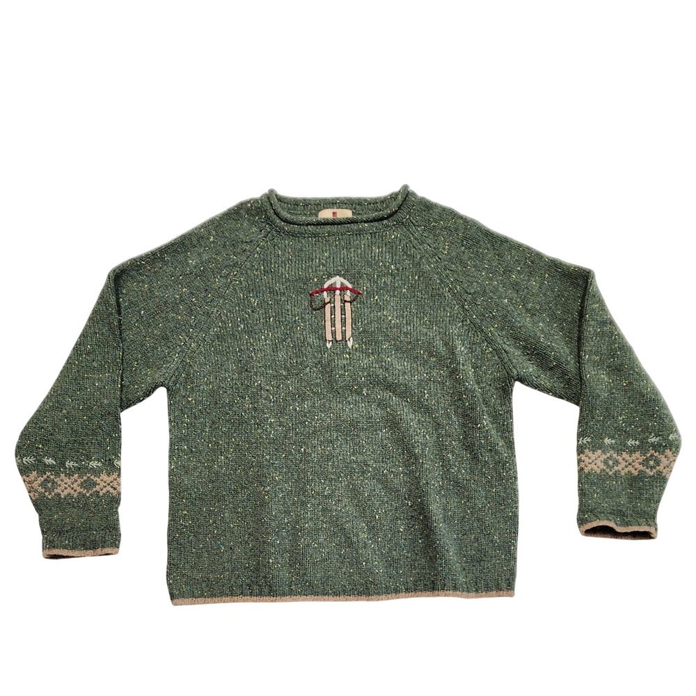 Woolrich Lambs Wool Sled Embroidered Donegal Tweed Sweater Green Womens XL